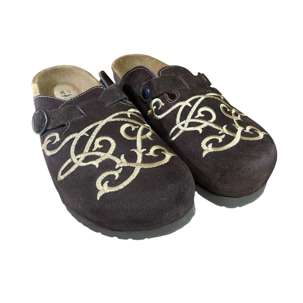 Naot Dark Brown Suede Embroidered Clog Mules